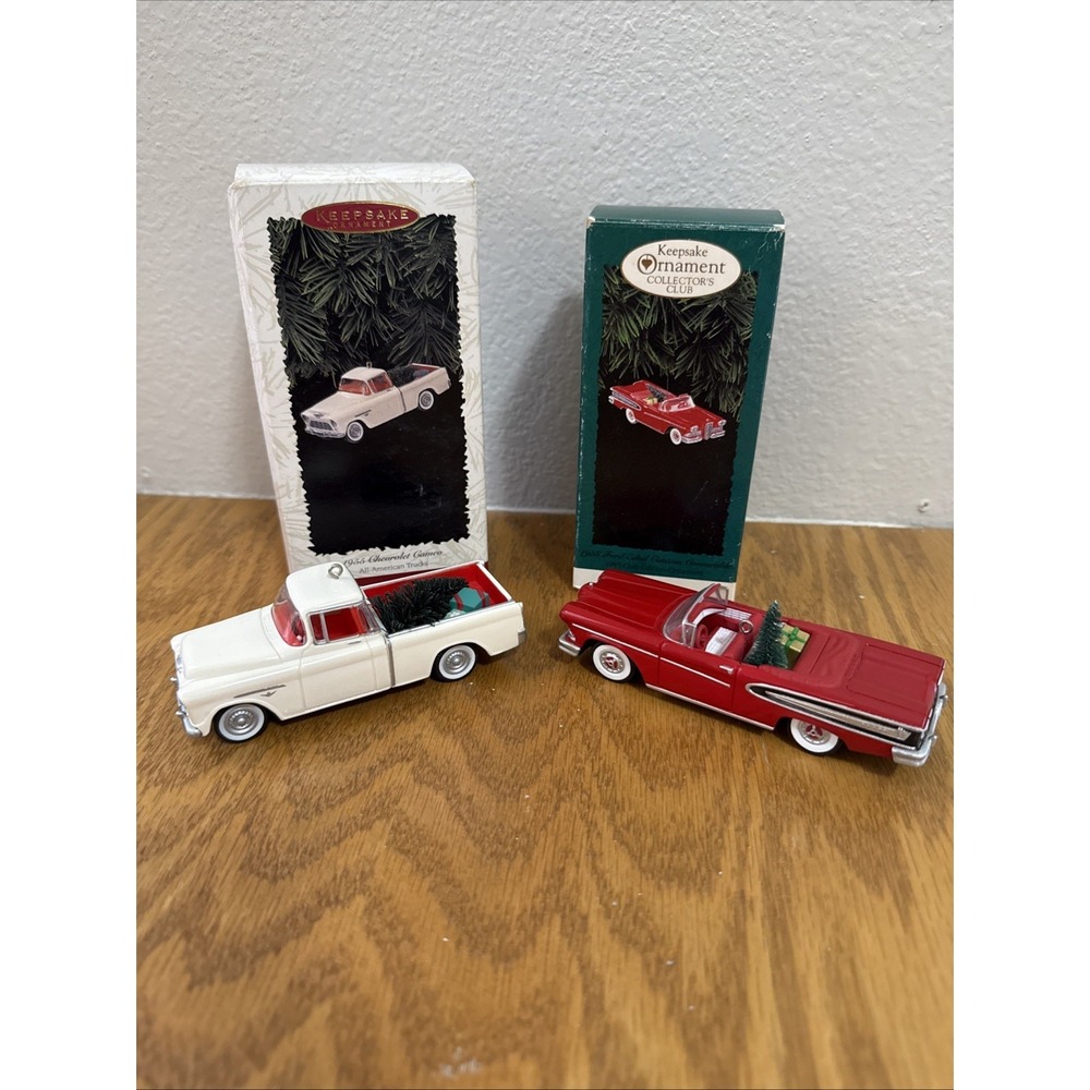 2 Vtg Hallmark 1955 Chevrolet Cameo & 1857 Dodge Truck Christmas Ornaments